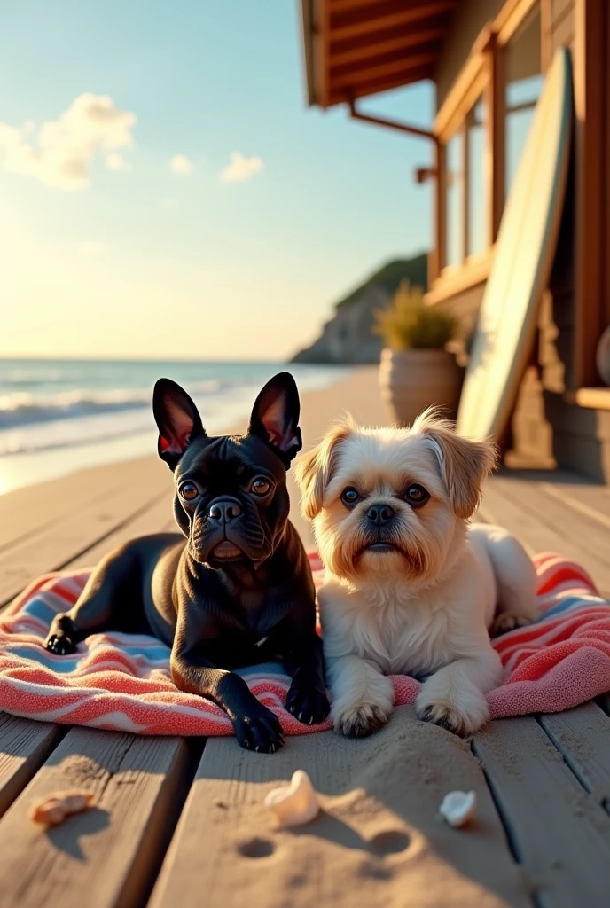 Black French Bulldog female with a cream Shih Tzu at the beach house
