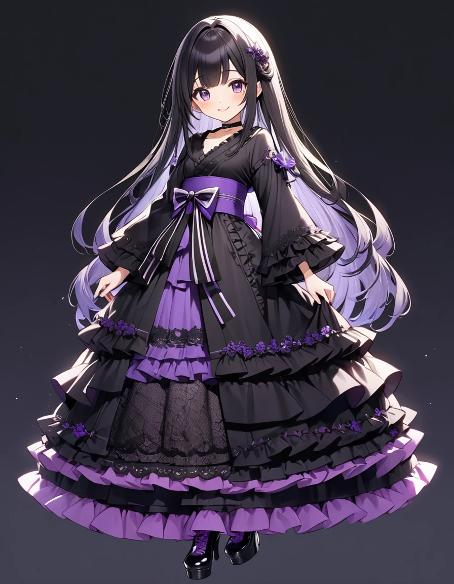 Girl, cute, adorable, full body, smiling, straight hair, long hair, black hair, standing,
(black kimono-tops, long kimono sleeve with purple ruffle lace trim), voluminous A-line multilayer tiered skirt with purple ruffled lace trim, ballgown silhouette, crinoline, purple obi, choker with lace embroidery, beautiful shiny black pantyhose, black platform boots,
