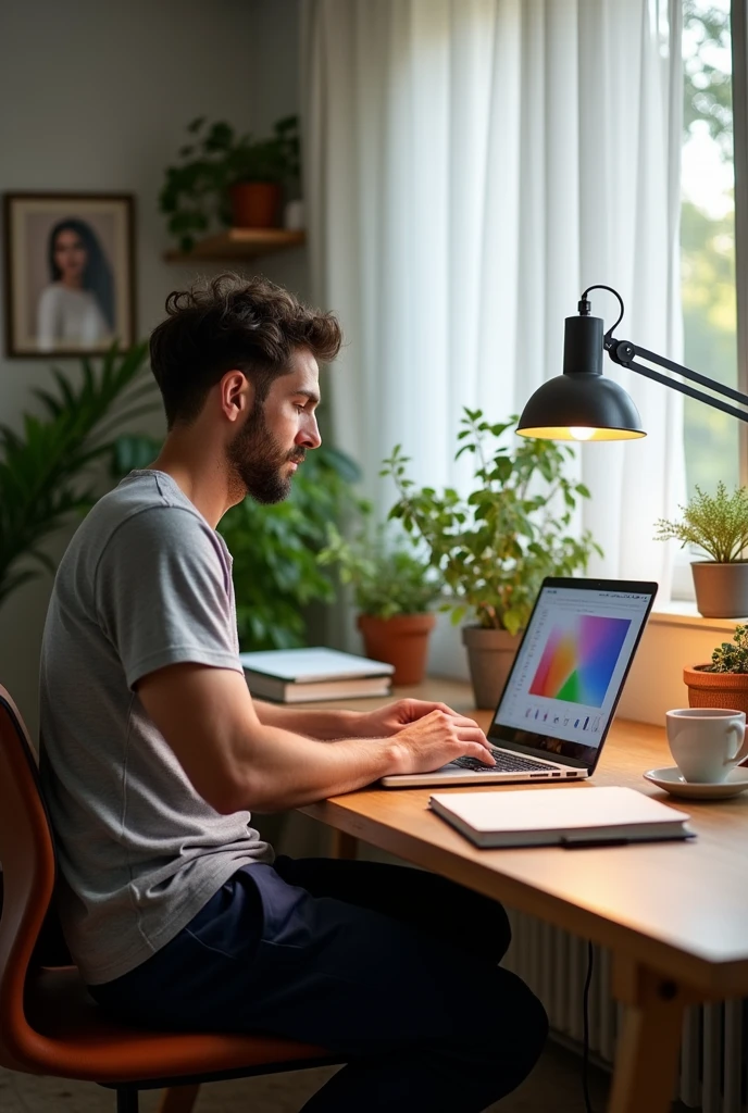 Create an image of a man sitting at home working on a computer with the Google page open