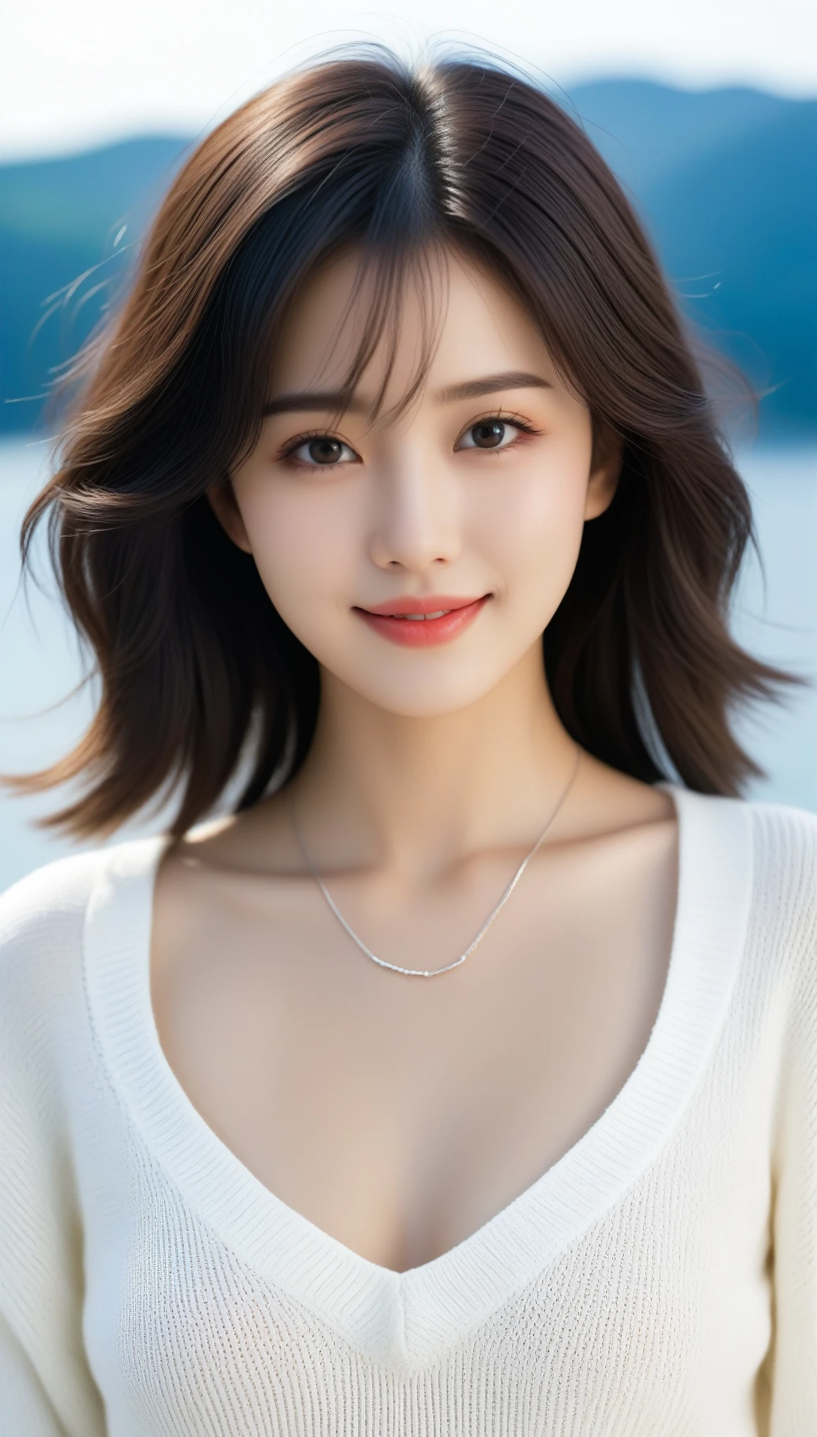 8k, Ultra-high resolution, Highest quality, masterpiece, 三分割法によるphotograph,Surreal, photograph, 1 Girl, (:1.3), pretty girl, Cute Face, 細部までBeautiful Eyes, 細かくdetailedに,masterpiece,One Girl:1.2,Japanese women,Young Wife,upper body,smile,Black hair,Wavy bob,(White summer knitwear:1.3),necklace,wood々Inside,Lakeside,Summer sunshine,wood漏れ日,(Beautiful attention to detail),Subtle details, detailedな顔, smile,attractive,(のポートレートphotograph:1.4),(Photorealistic images:1.4),Fantasy art,(Beautiful Face:1.4),美しくattractive目、Beautiful Eyes、(Tight waist:1.4)、(Beautiful with perfect body proportions:1.4),Pink Lips,Looking at the audience,(((Ideal body type))),A-cup small breasts :2,、Portraiture:2、Perfect Anatomy、鮮明なdetailed、detailed,Fashion magazine cover,Thin lips,完璧でBeautiful Face ,完璧でCute Face, Skin with attention to detail, Perfect limbs、Narrow waist,Surreal,Light and shadow,dappled sunlight