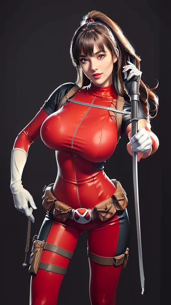 (（（Perfect body,White and tender skin,（（（BodySuit_lady_deadpool_ownwaifu，bodysuit, skin tight, superhero, Belt Pouch, utility belt, red bodysuit, gloves, weapon on back, thigh pouch, thigh strap, thigh holster, belt buckle, turtleneck,  ）））,（（（ailisha，Black long hair, super long hair, slanted bangs, brown eyes, red lips））），((masterpiece)),high resolution, ((Best quality at best)),masterpiece,quality,Best quality,（（（ Exquisite facial features,Looking at the audience,There is light in the eyes,Smile））），Open your hands,bend over）））,（（（Light and shadow,Huge breasts，）））,（（（Looking at the camera,black background,)））),