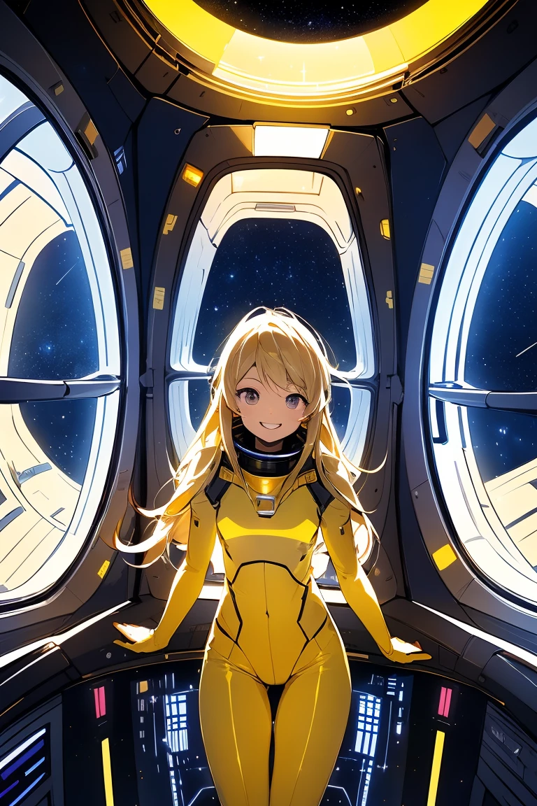 (masterpiece, Highest quality:1.2), (Cowboy Shot:1.1), alone, 1 person, mori yuki, smile, Mouth closed, Side view, Looking at the audience, Blonde, Long Hair, Thigh Gap, Yellow bodysuit, Perfect for your skin, Perfect body, Large windows, (Spaceship porthole:1.3), (Spread your legs:1.3), (Are standing:1.1), Thigh Gap,  stop temporarily, Side view, Perfect hands, The bright interior of a spaceship, (Space View:1.1), (Orbital View:1.3), (night, Starry Sky:1.5), milky way