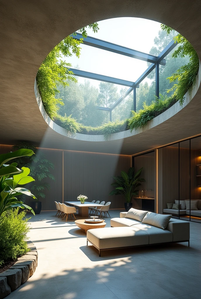 Generate an image of a modern house built entirely underground, with a glass ceiling allowing natural light to filter through. The interior should be sleek and contemporary, with open spaces, minimalist furniture, and plants growing in well-lit corners.