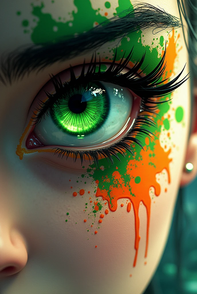 A captivating 3D render of a woman's eye, bursting with color and dynamic lines, creating a striking visual impact. The eye features a bold green iris, framed by dark, sweeping eyelashes and a prominent, black eyebrow. The woman's face is decorated with a splash of green, orange, and white paint, reflecting a raw and intense emotional expression. The vivid hues and bold lines communicate a palpable sense of pain, anger, or fear. This artwork is a powerful, unforgettable fusion of illustration, painting, and 3D render, evoking a strong emotional response. The graffiti-covered walls and city skyline in the background heighten the anime-inspired atmosphere, creating a memorable and immersive experience., painting, graffiti, illustration, vibrant, anime, 3d render