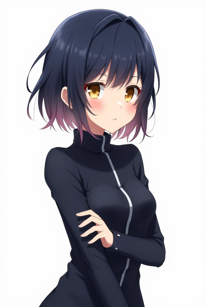 Dark navy hair color with an ombre motif and a layered bob hairstyle.、Full body of a golden-eyed anime character、The background is pure white