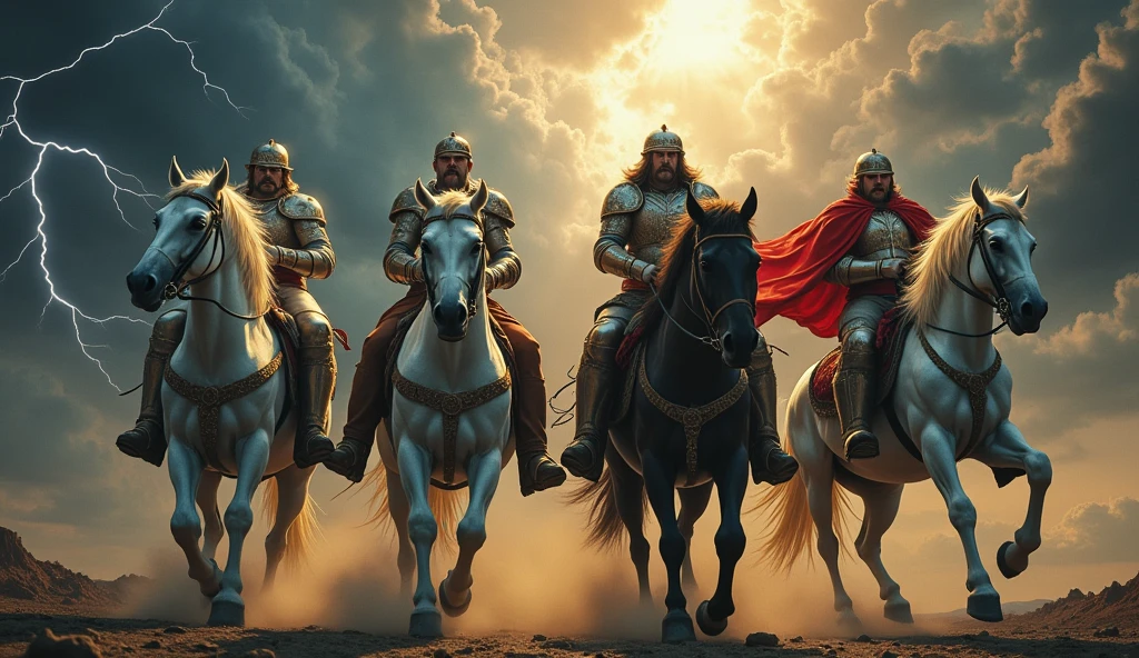 4 horsemen of the apocalypse described in the Bible descending from the cloudy heavens with lightning and thunder