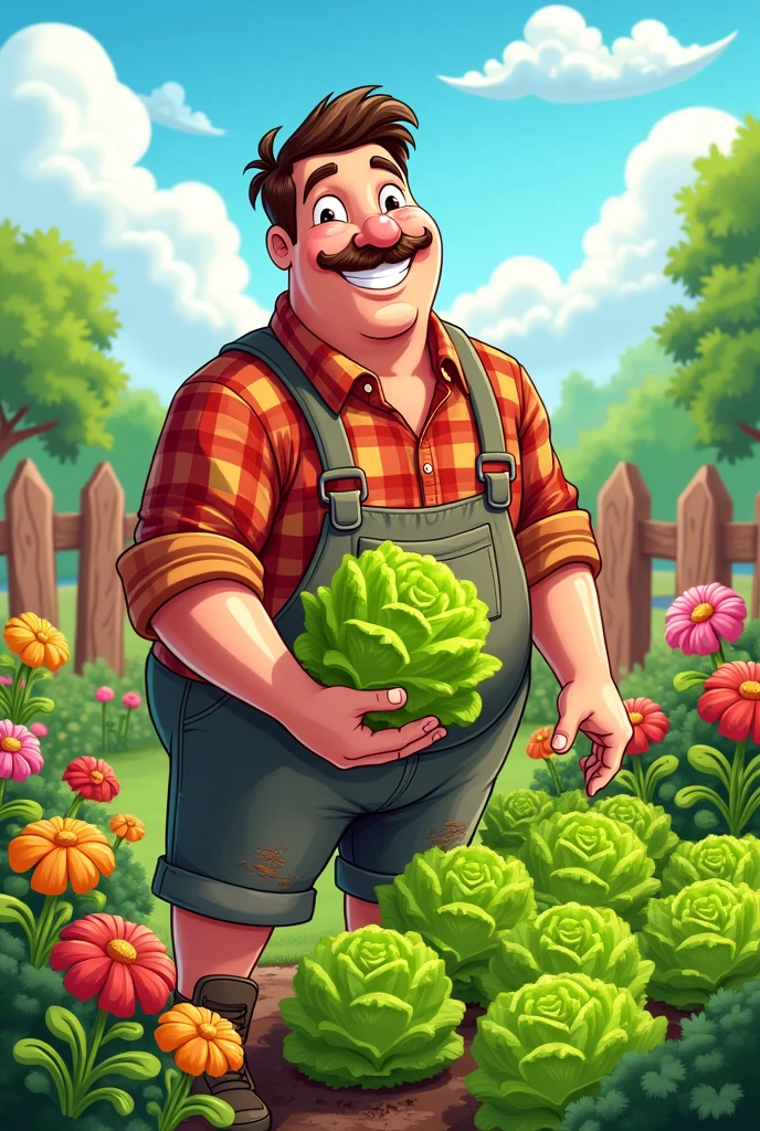 Make a 25-year-old, fatter, with thin mustache, shorth hair, planting lettuce in your garden. Make the image into a cartoon