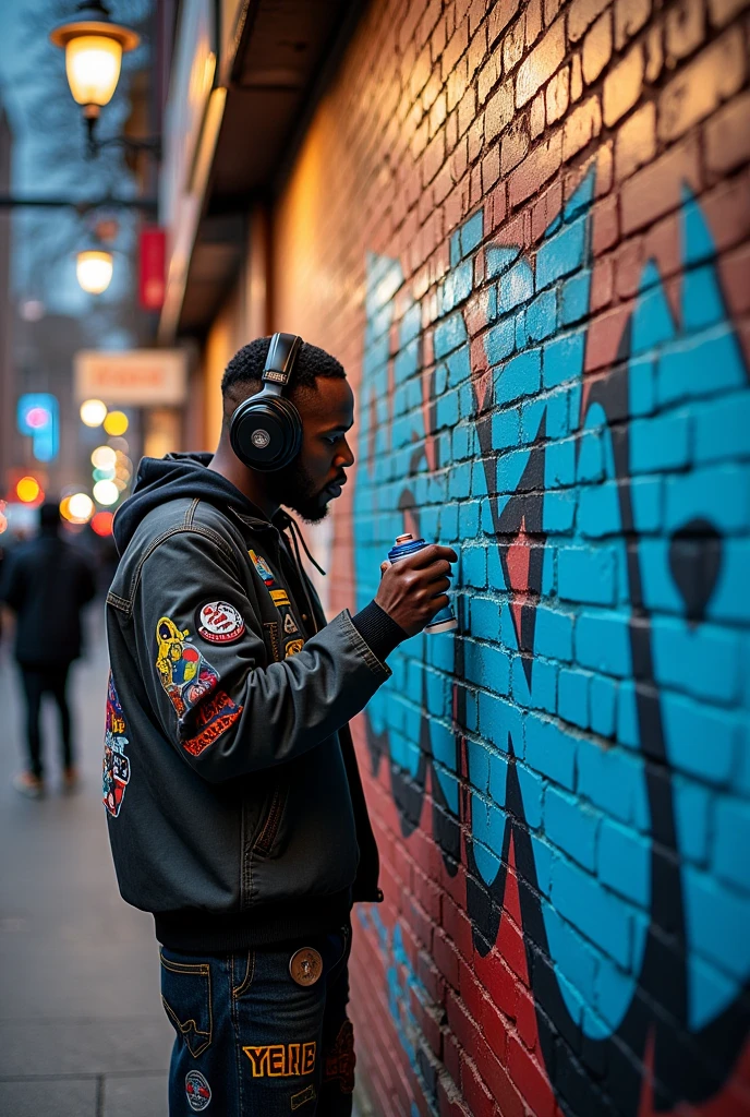 A street tagged with blue spray paint featuring hip hop culture