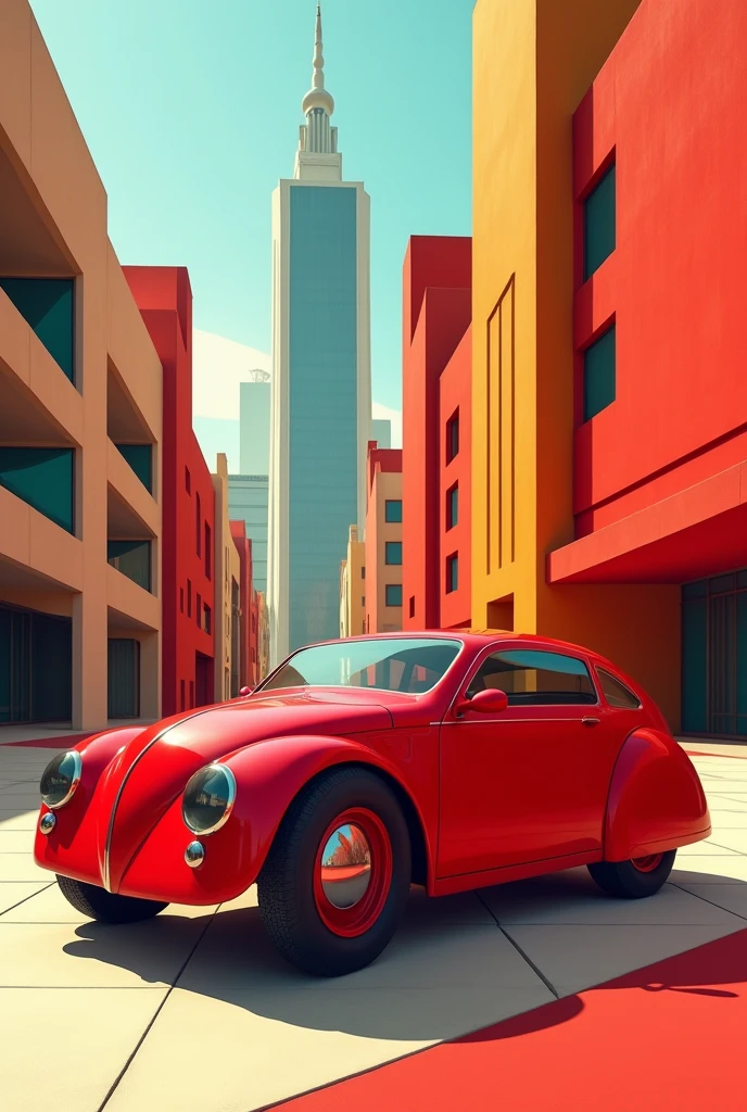 Red round car with square wheels in Bauhaus style