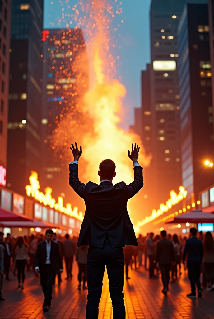 A scene of a man in a modern suit performing fake miracles and signs, with crowds watching in awe. Show the manipulation of nature, like fire descending from the sky, in a dramatic and surreal style.