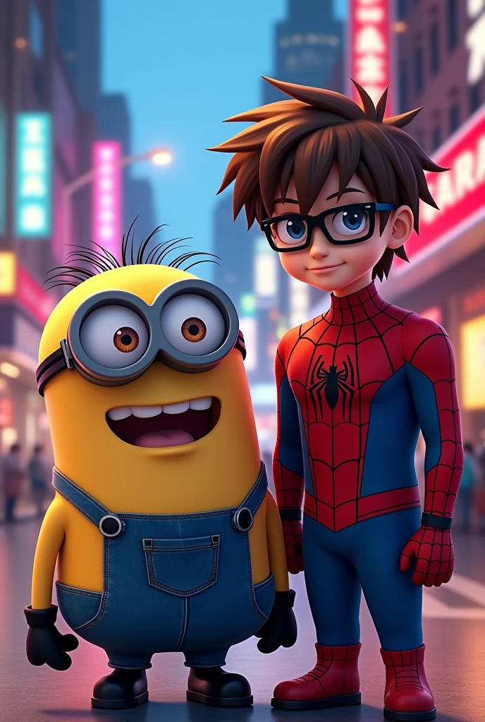 Imagine a guy with brown hair wearing black sunglasses dressed as a minion with another guy dressed as Spiderman with black glasses, Do this in anime style