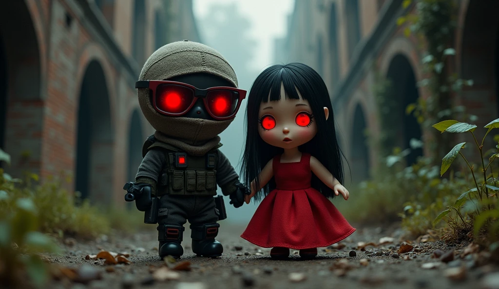 plushie F.E.A.R operative wearing tactical balaclava and red glasses with plushie in red dress with tall black hair, her eyes are glowing red.