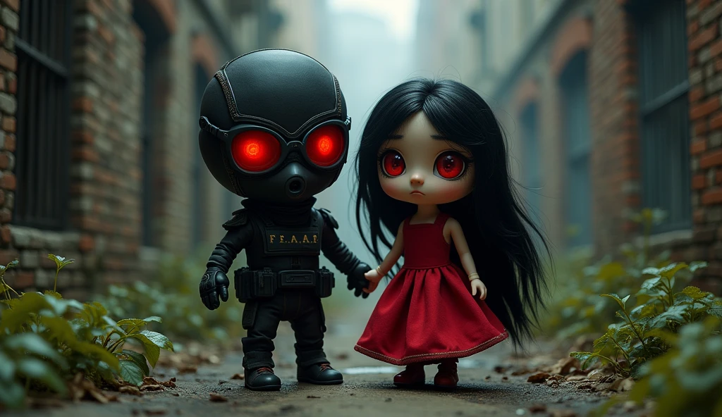 plushie F.E.A.R operative wearing tactical balaclava and red glasses with plushie in red dress with tall black hair, her eyes are glowing red.
