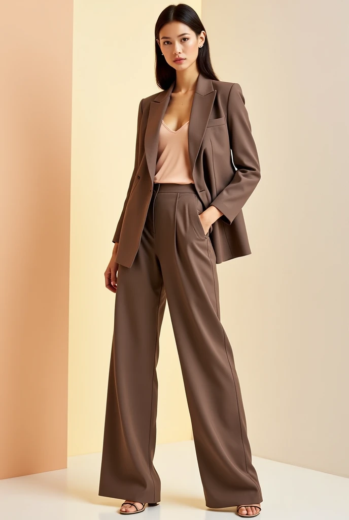 Create a fashion poster for the N'Lin brand, showcasing a single outfit designed for young women aged 25-30 with a sophisticated and trendy style. The poster should convey the brand's focus on modern, high-fashion aesthetics. The model should embody elegance and confidence, with a pose that highlights the unique features of the outfit. The design of the poster should be sleek and minimalistic, using high-quality visuals and a refined color palette that exudes luxury. Include subtle branding elements, and ensure the overall composition is chic and stylish, appealing to the target audience."