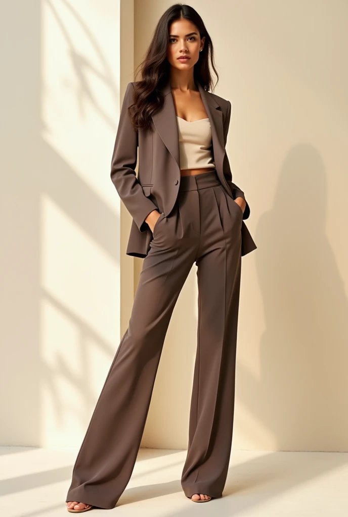 Create a fashion poster for the N'Lin brand, showcasing a single outfit designed for young women aged 25-30 with a sophisticated and trendy style. The poster should convey the brand's focus on modern, high-fashion aesthetics. The model should embody elegance and confidence, with a pose that highlights the unique features of the outfit. The design of the poster should be sleek and minimalistic, using high-quality visuals and a refined color palette that exudes luxury. Include subtle branding elements, and ensure the overall composition is chic and stylish, appealing to the target audience."