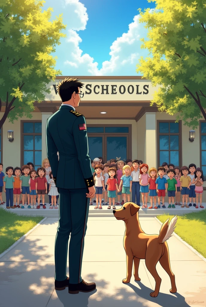 I want a picture of a military man with black hair and a slim build wearing black glasses standing with his tan dog at the door of a school with children coming out 