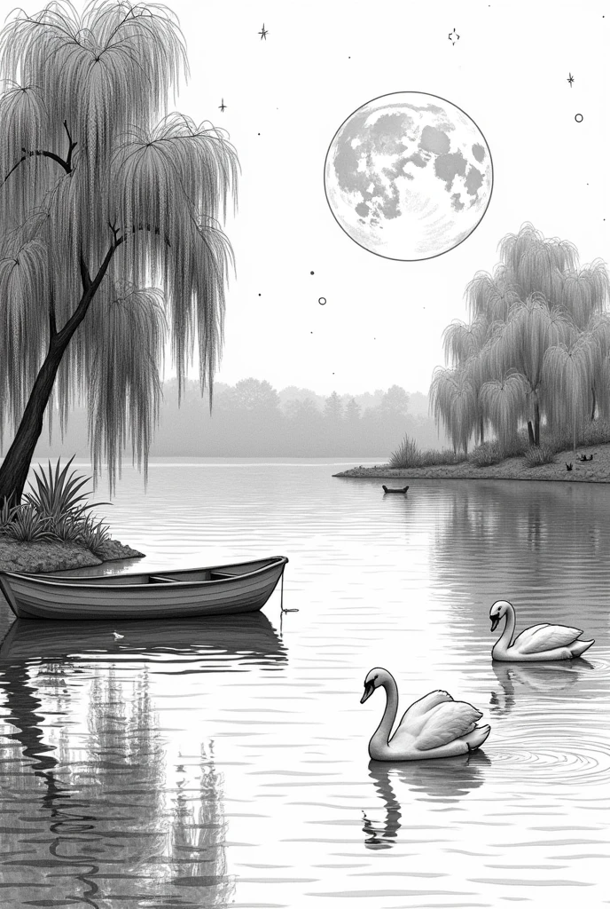 Serene moonlit lake with reflections of the surrounding nature, black and white leaked for coloring book, line art, tranquil, nighttime, moonlight, stillness ::1.3 rowboat, swans, lakeside dock, weeping willows, starry sky --ar 16:9,