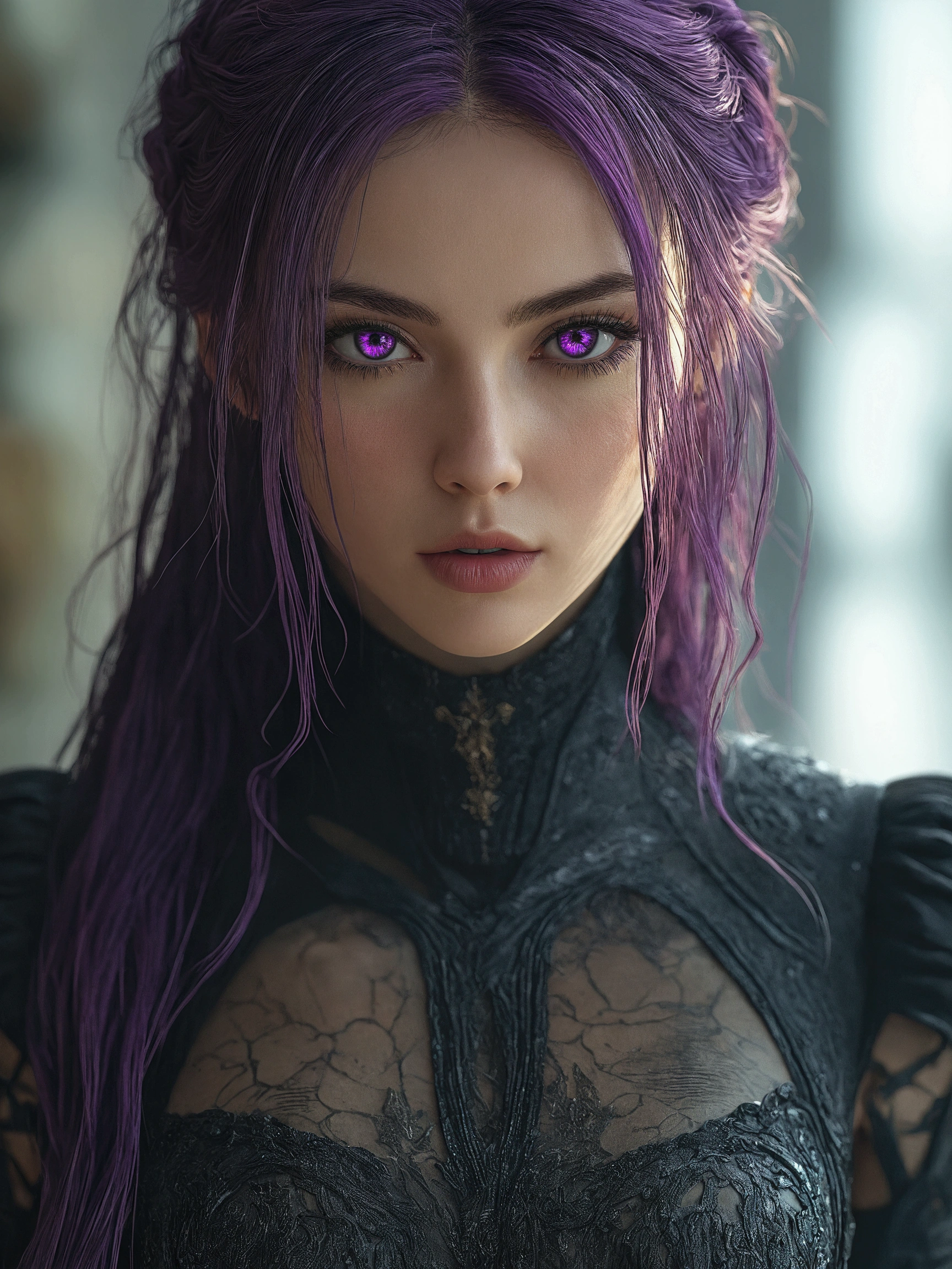 there is a woman with purple hair and a black dress, 3 d render character art 8 k, 8k portrait render, realistic fantasy render, hyperdetailed fantasy character, seductive cyberpunk dark fantasy, 4k highly detailed digital art, realistic digital art 4 k, realistic digital art 4k, beautiful elf with violet skin, cgsociety portrait, detailed matte fantasy portrait