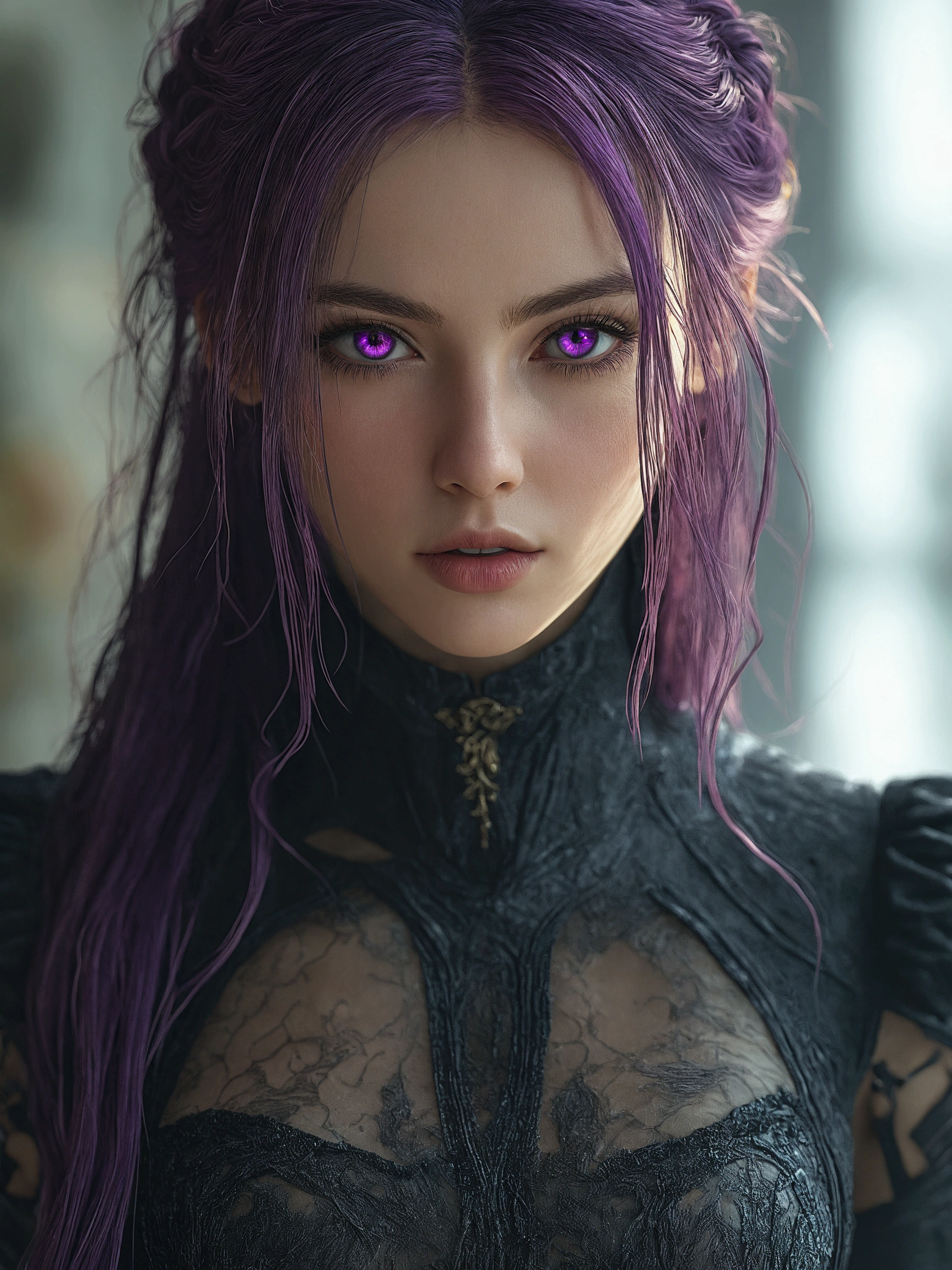 there is a woman with purple hair and a black dress, 3 d render character art 8 k, 8k portrait render, realistic fantasy render, hyperdetailed fantasy character, seductive cyberpunk dark fantasy, 4k highly detailed digital art, realistic digital art 4 k, realistic digital art 4k, beautiful elf with violet skin, cgsociety portrait, detailed matte fantasy portrait