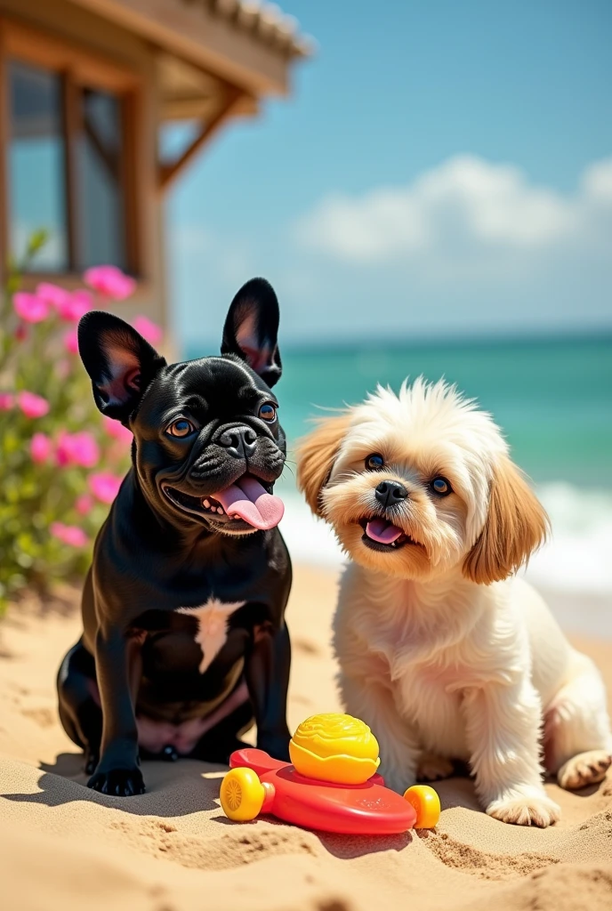 Black female French Bulldog with cream male Shih Tzu at the beach house