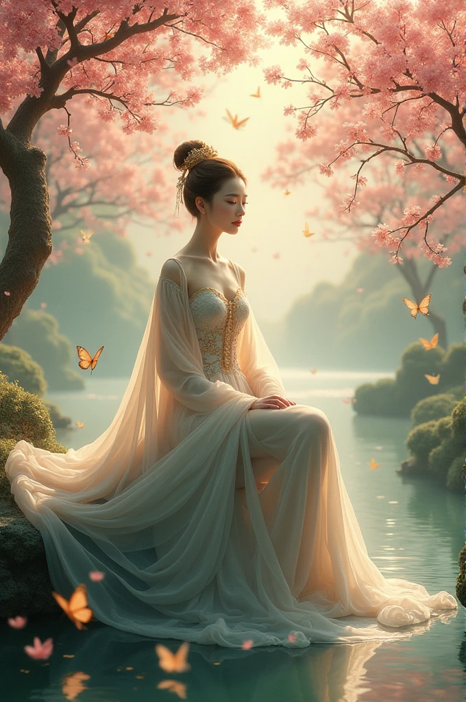 Masterpiece of a beautiful birth of Venus no costume in tradition countryside costume standing in an ancient Chinese location, a beautiful lighting, a juicy Chinese Exquisite painting on Chinese paper , mixed with Zen style, a delicate painting, Chinese composition Style, Chinese painting style in the Dunhuang Grottoes, imperial colors, have a beautiful flower and little insect , good figure, good anatomy