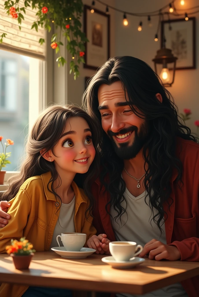 A girl is sitting with long tall man who has long hair and three short line in the mid of forehead