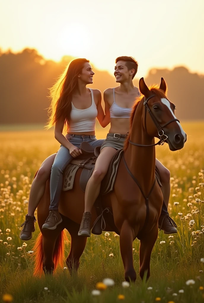 Two sweaty naked women sitting on a horse, in a field, walkin, morning, Gentle sunlight