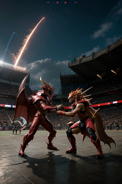 there is a dragon that is fighting a dragon in a stadium, slifer the sky dragon, gelbooru anime image, safebooru anime image, dialga the pokémon, a baddass dragon, gurren lagan, but as an anthropomorphic dragon, sharp!, dra the dragon, pokemon fighting at world war 2, fighting a dragon