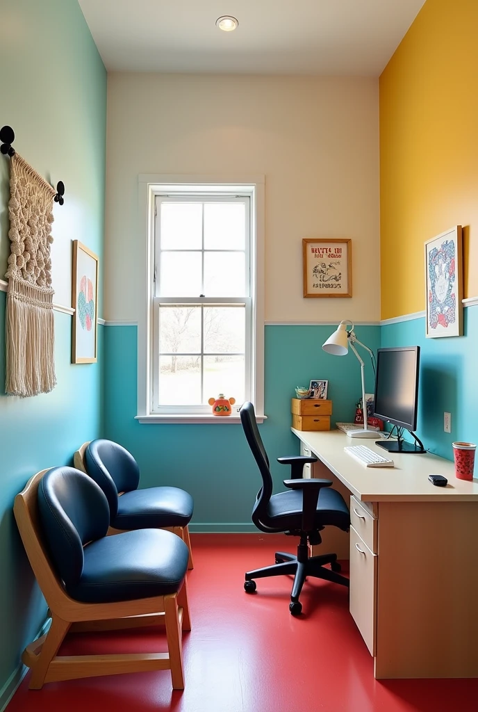 Doctor's office with a Mickey Mouse theme and that has:
A white macrame hanging next to the wall
Two dark blue leather rocking chairs
A desk with a computer and an office chair
A low Montessori panel for children from 1 to