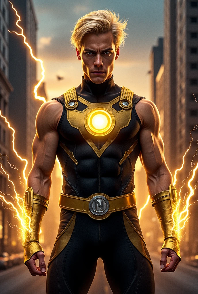 Mark pillow 
Nuclear man
Black cape 
Black and gold costume
Gold trim
No sleeves
Stylized sun symbol
Silver stylized “n”
Blonde hair
Glowing eyes
Electicity
