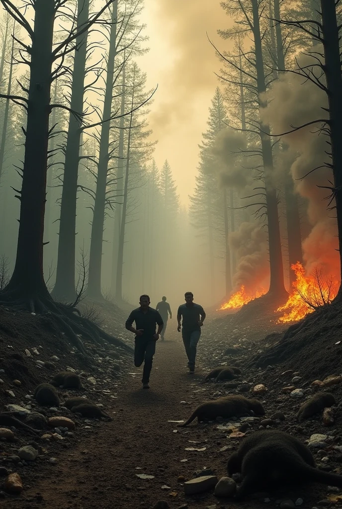 Create a photo of a place full of trash, which refers to sadness due to environmental pollution, animals dying, trees on fire and people running to survive