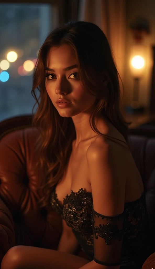 ((Night view, realistic light, best quality, 8k, masterpiece: 1.3)), 1girl, pretty woman with slim figure: 1.4, (brown hair, medium breasts: 1.3), off-the-shoulder cut top: 1.3, sofa, super detailed face, detailed eyes, double eyelids, (((naked)))