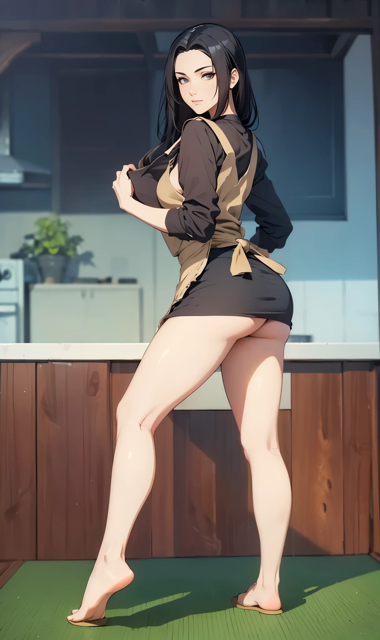 ((1girl, solo)), mikoto uchiha, large breasts, beautiful body, (perfect anatomy, perfect body, perfect hands, perfect legs), nice hands, natural proportions, sexy body, standing, from behind, cowboy shot BREAK
((extremely detailed face)), (black eyes:1.5), (black eye shadow:1.3), (beautiful detailed eyes:1.6), (realistic pupils, realistic iris:1), expressive eyes, looking at viewer, (clear eyes:1.3), (hyperrealistic:1.2), (detailed skin texture:1.2), smooth skin, (black hair:1.5), bangs, sidelocks, long hair, (detailed lips:1.2), (attractive lips:1.1), (glossy lips:1.1), ((smile)), perfect face, perfect eyes BREAK
black shirt, collarbone, cleavage, sleeves rolled up, (brown apron:1.5), thighs, ass, underbutt, bottomless, bare legs BREAK
indoors, tatami mat, tatami room BREAK
(masterpiece:1.5), anime-style, top quality, best quality, (beautiful and aesthetic:1.2), (ultra detail:1.5), Ultra-detailed depiction, Ultra-precise depiction, extremely detailed 8k illustration, high resolution, (highly detailed shading:1.2), (realistic lighting:1.4), perfect lighting, vibrant colors, dynamic tones, striking hues, 8k, absurd resolution, perfect shadows, hdr, UHD, ambient lighting, realistic, ultra-realistic, photo realistic, highly detailed, rich detail, luminous colors, fine texture, intricate design, professional illustration, (soft light:1.2), (illustration:0.7)