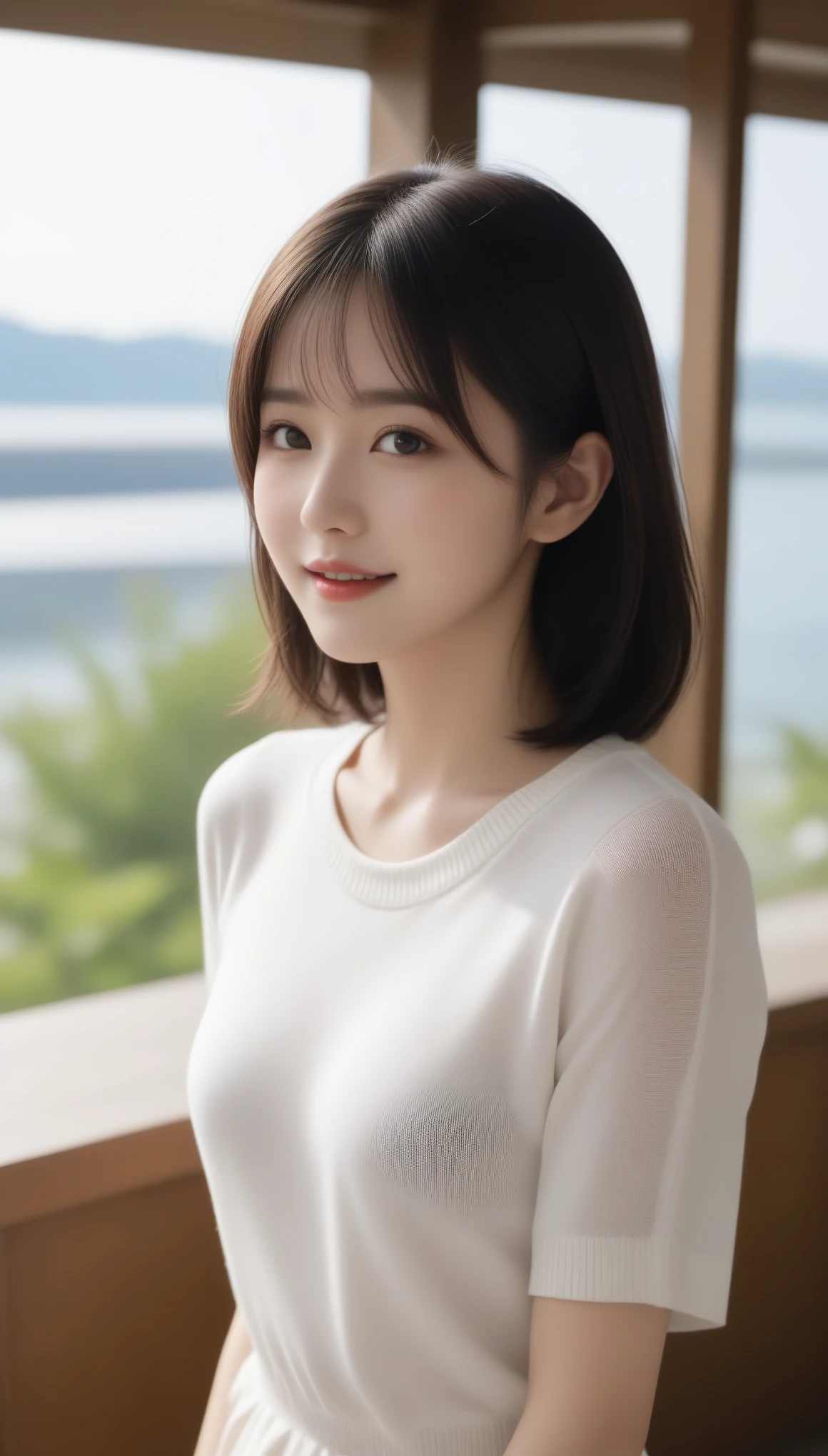 8k, Ultra-high resolution, Highest quality, masterpiece, 三分割法によるphotograph,Surreal, photograph, 1 Girl, (:1.3), pretty girl, Cute Face, 細部までBeautiful Eyes, 細かくdetailedに,masterpiece,One Girl:1.2,Japanese women,Young Wife,upper body,smile,Black hair,Wavy bob,(White summer knitwear:1.3),necklace,wood々Inside,Lakeside,Summer sunshine,wood漏れ日,(Beautiful attention to detail),Subtle details, detailedな顔, smile,attractive,(のポートレートphotograph:1.4),(Photorealistic images:1.4),Fantasy art,(Beautiful Face:1.4),美しくattractive目、Beautiful Eyes、(Tight waist:1.4)、(Beautiful with perfect body proportions:1.4),Pink Lips,Looking at the audience,(((Ideal body type))),A-cup small breasts :2,、Portraiture:2、Perfect Anatomy、鮮明なdetailed、detailed,Fashion magazine cover,Thin lips,完璧でBeautiful Face ,完璧でCute Face, Skin with attention to detail, Perfect limbs、Narrow waist,Surreal,Light and shadow,dappled sunlight