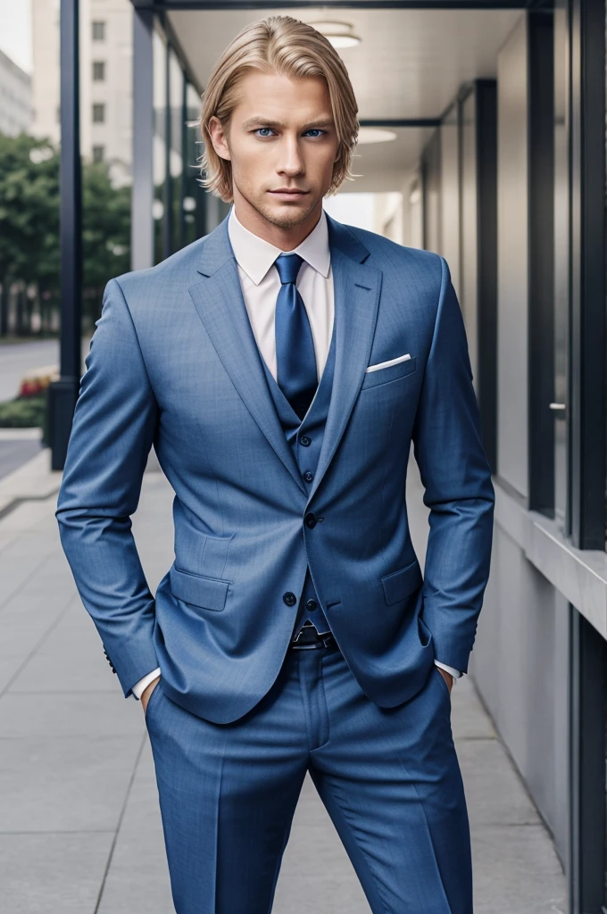 a very handsome man, standing, at thirty-seven years old, blond, straightened hair, and blue eye, manly face, serious expression, wearing a suit and a tie, dress pants, Full-body image. perfects eyes. handsome man , perfects eyes