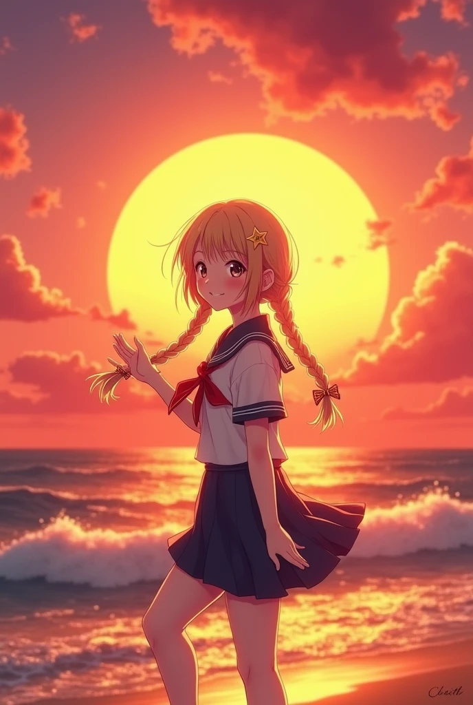 1 girl, standing alone,ssmile, beachfront,(sunset:1.1),  akagi_Also(denchi project), standing alone,  star hair ornament, twin braids,Glow Up, from behind, looking back, huge sunset,red floating, 's uniform, natta, waving, mar