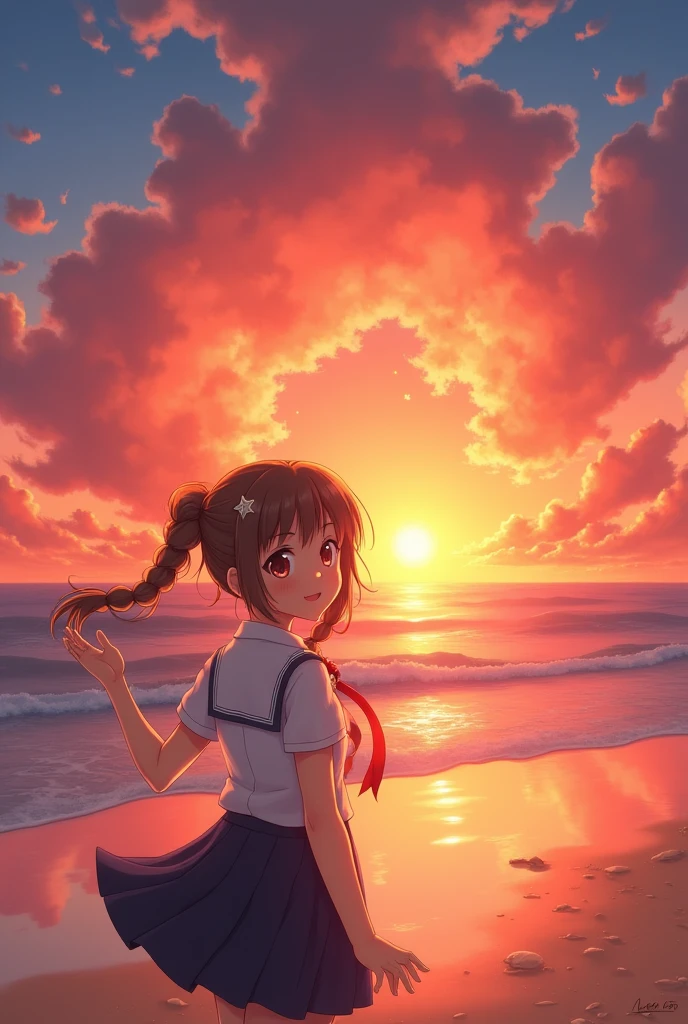 1 girl, standing alone,ssmile, beachfront,(sunset:1.1),  akagi_Also(denchi project), standing alone,  star hair ornament, twin braids,Glow Up, from behind, looking back, huge sunset,red floating, 's uniform, natta, waving, mar