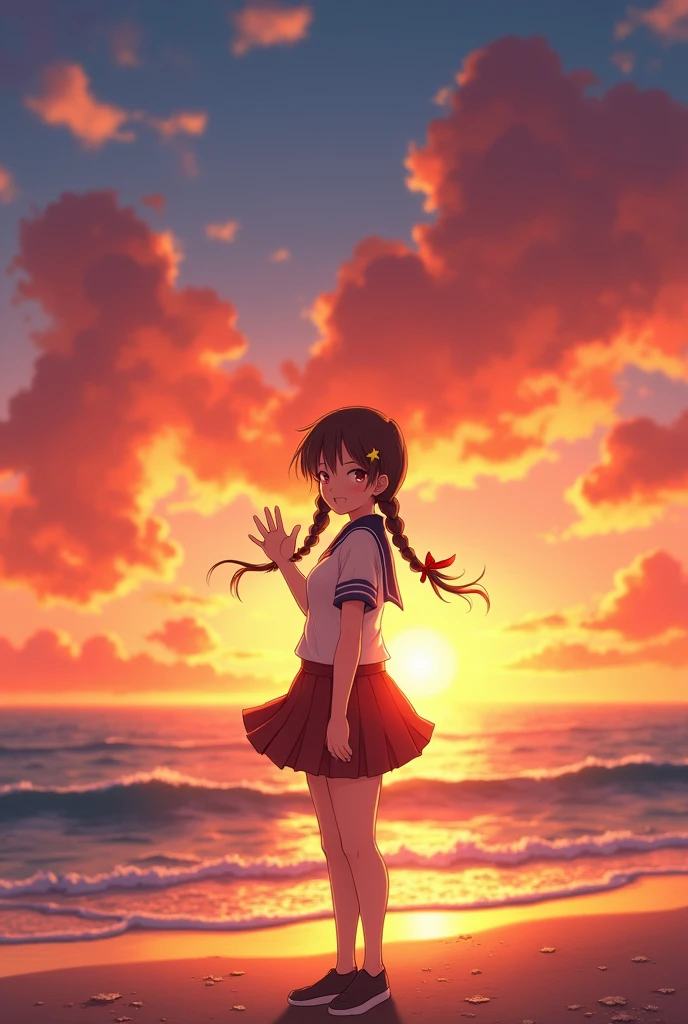 1 girl, standing alone,ssmile, beachfront,(sunset:1.1),  akagi_Also(denchi project), standing alone,  star hair ornament, twin braids,Glow Up, from behind, looking back, huge sunset,red floating, 's uniform, natta, waving, mar