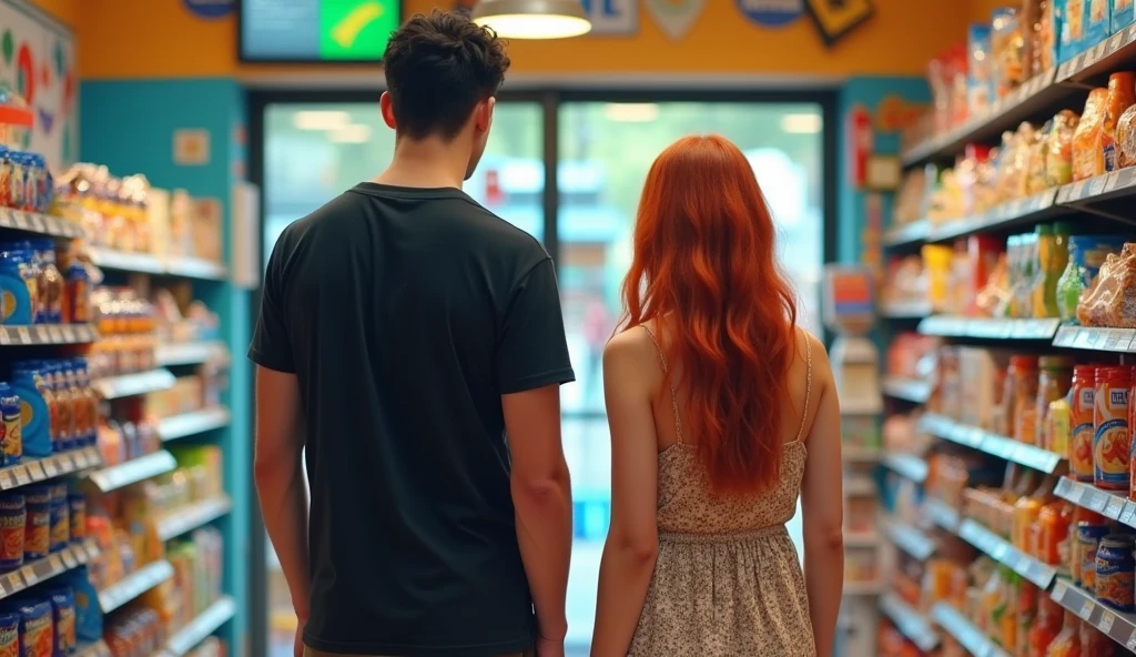 A 21 year old, American, white, tall, athletic, athletic man with black hair and blue eyes, wearing a black t-shirt and black shorts, approaches the checkout counter of a small convenience store full of colourful snacks and drinks. Behind the counter is a woman with a very pretty face, American, 20 years old, with vibrant red hair, blue eyes and pale white skin, dressed in a comfortable summer dress.