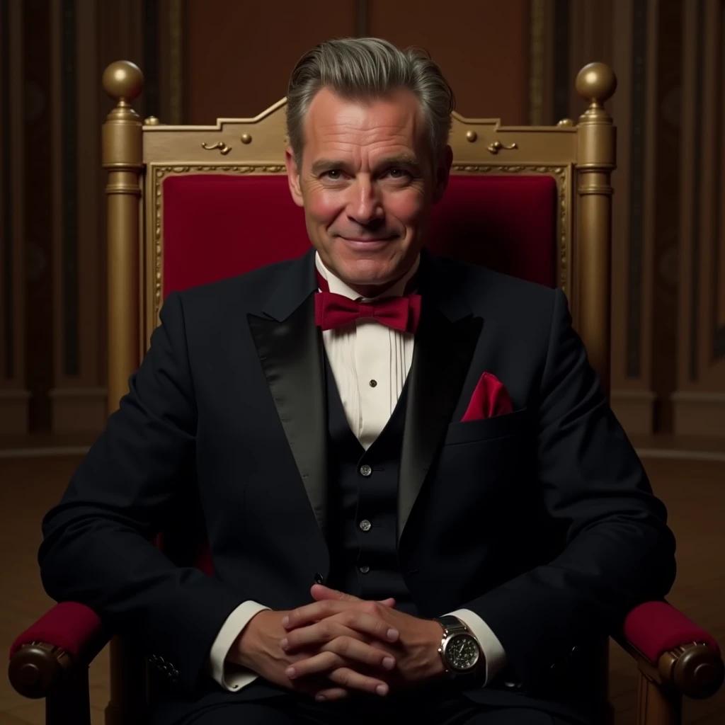 Tom tryon, wearing a black suit with a scarlet bow tie, sitting on a throne in a position of power.