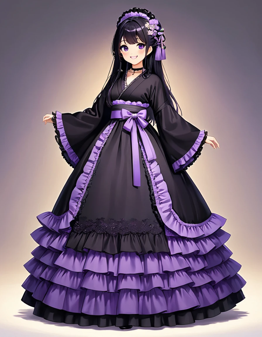 Girl, cute, adorable, full body, smiling, straight hair, long hair, black hair, standing,
(black kimono-tops, long kimono sleeve with purple ruffle lace trim), voluminous A-line multilayer tiered skirt with purple ruffled lace trim, ballgown silhouette, crinoline, purple obi, choker with lace embroidery, beautiful shiny black pantyhose, black platform boots,