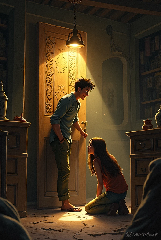 Panel 2:
(Jake pushes the mirror aside to reveal a small, ancient-looking wooden door with strange carvings. Sarah kneels to examine it, her eyes wide with wonder.)
Sarah: "This doesn’t look like it belongs in our house… Should we open it?"
Jake (grinning): "Definitely. Adventure awaits!"