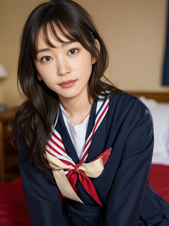 (Masterpiece, Best quality:1.4), (Ultra realistic, Photo-realistic:1.2), Natural light, 25 years old actress, Japanese women, Neat and clean, (school uniform, sailor suit, traditional Japanese style with white and navy blue colors, detailed red ribbon and navy blue pleated skirt:1.2), (Short wavy hair:1.1), Ponytail, Light brown hair color, (Beautiful Face), Oval face, clear, (Beautiful eyes, Kind eyes), (Clear skin), Small face, (Small mouth), (Beautiful mouth), Natural makeup, Approachable, Luxury hotel Suite room, On bed, Seductive smile, (Seductive pose:1.2), (Beautiful thighs:1.1), (Bedroom eyes), (nsfw:1.1), (lesbian couple:1.1), (petting together), obscene reality of girls, (crotch rub:1.1),