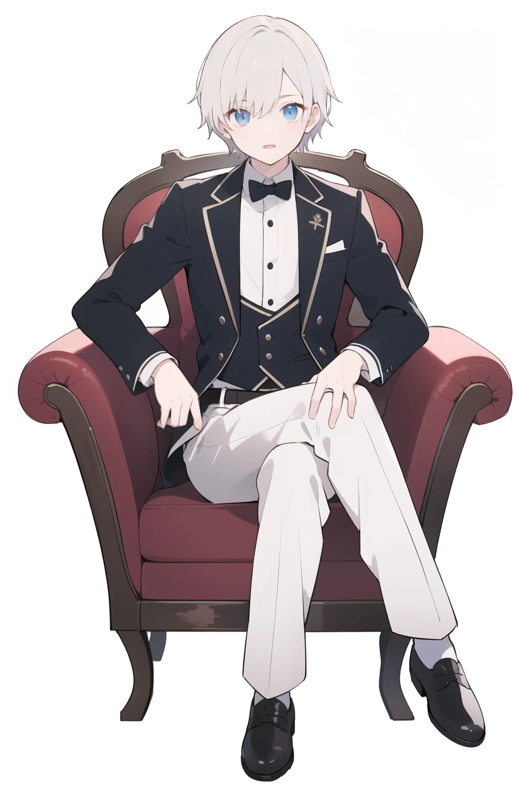 (best quality), (masterpiece), (Detailed lighting),(Extremely refined), (White background:1.4), One male teenager, Western knight noble attire，short hair，Eye，sit on the chair，Cross your legs，The corners of the mouth slightly raised，full-body shot，Correct anatomy