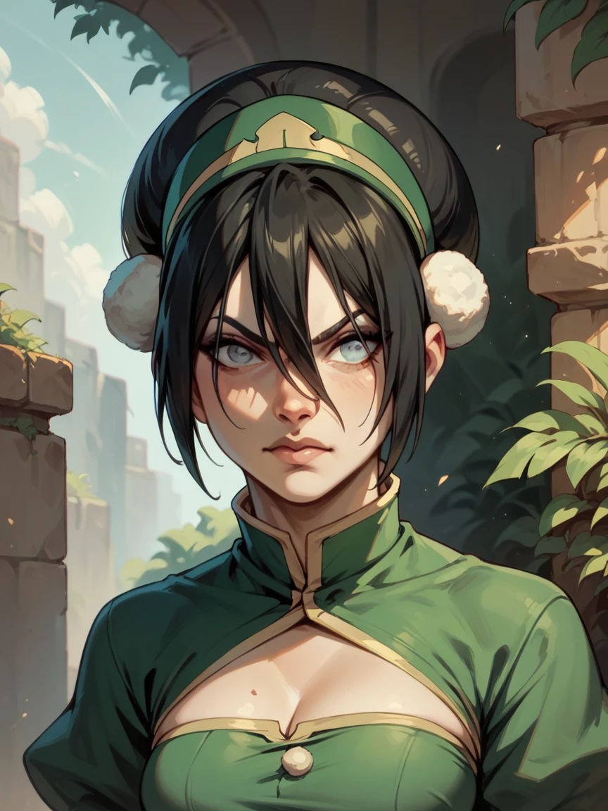  beautiful detailed eyes, beautiful detailed lips, extremely detailed eyes and face, long eyelashes, best quality, 8k, 12), 1 girl, Toph BeiFong, 10 years,  ultra detailed, Detailed lips, Young, blind, bun hair, Nude body, flat torso, shy, uprising view, looking down, saliva, nipples, cartoon style,