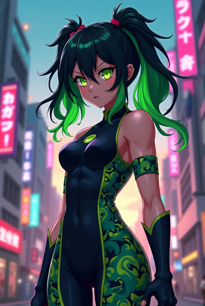 Anime girl, mahori, black and green hair with green eyes and muscular