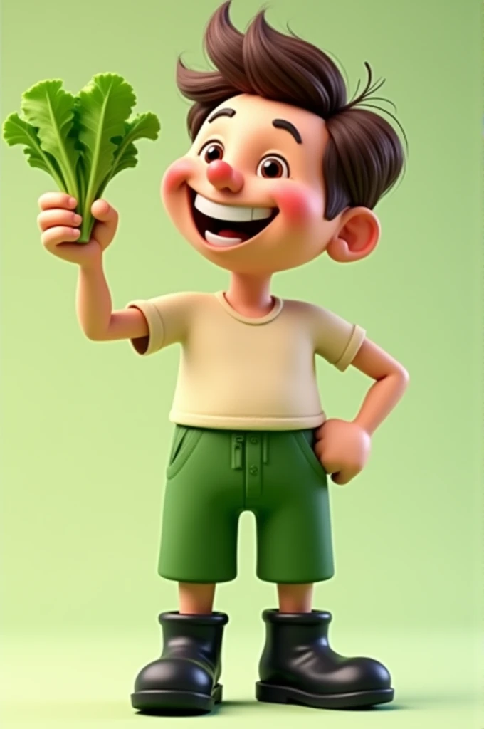 Pixar-style 3D poster of a man, plain shirt without collar, stuck to his pants, green in the same shade as his shirt, black boot, Grinning, holding a lettuce, no background image/Void