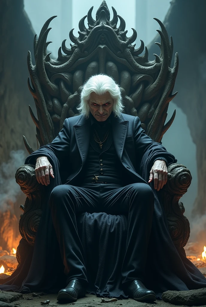 Make a wicked white-haired man with scarlet eyes sit on his throne of bones, a fallen dragon in the background, barely visible 