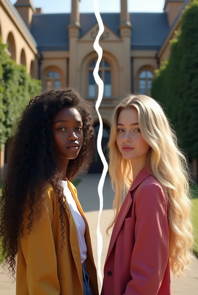 A university in the background, In front there are two young girls, one black with long curly black hair and another white, preppy girl with long blonde hair., A vertical line shaped like a ray separates them as if they were from different worlds