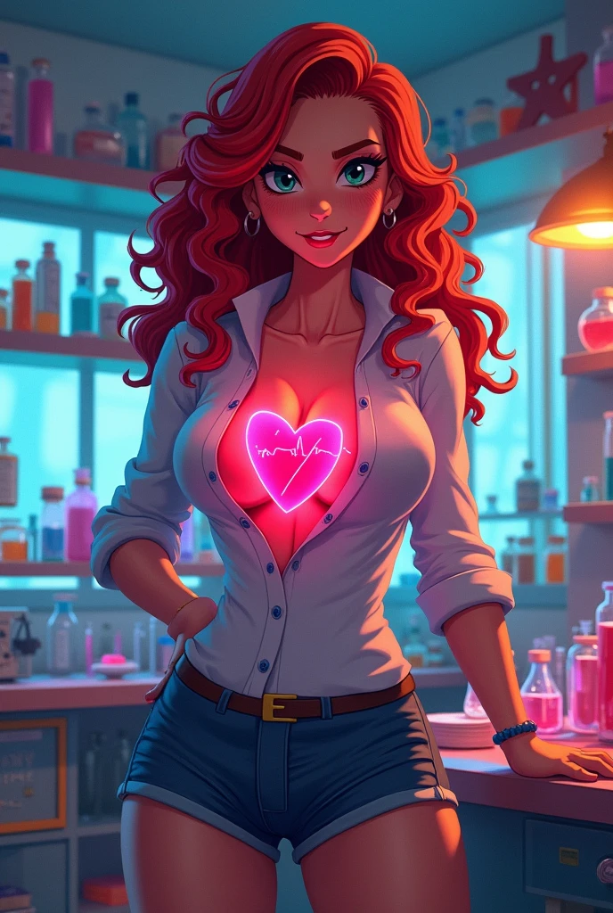 Huge breasts redhead tan skin wearing tight button down anime thick thighs curly hair in a lab. Porn of a woman with her heart coming out of her chest like a cartoon NSFW, cardiophile, hentai, Visible Hearbeat heart-organ between boobs with the heart beating in the chest how cartoon with heart beating out of chest,his heart leaps, sprouting tail and cartoonishly from his chest.